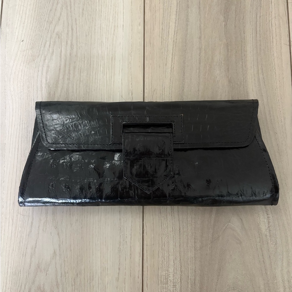 REYNA ICAZA Black Alligator Leather Camden Clutch
